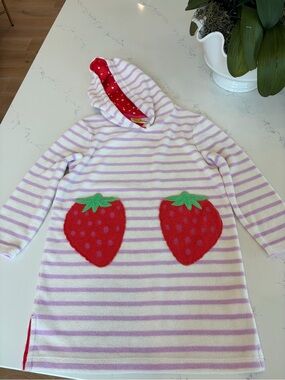 Mini Boden Girls Striped Terry coverup with Strawberry Appliqués 6/7